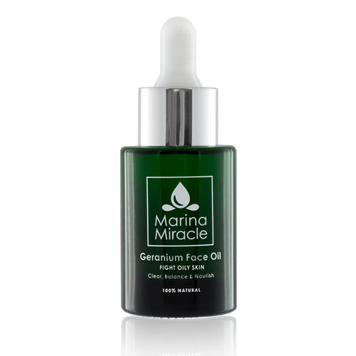 Geranium Face Oil with a green glass bottle and dropper