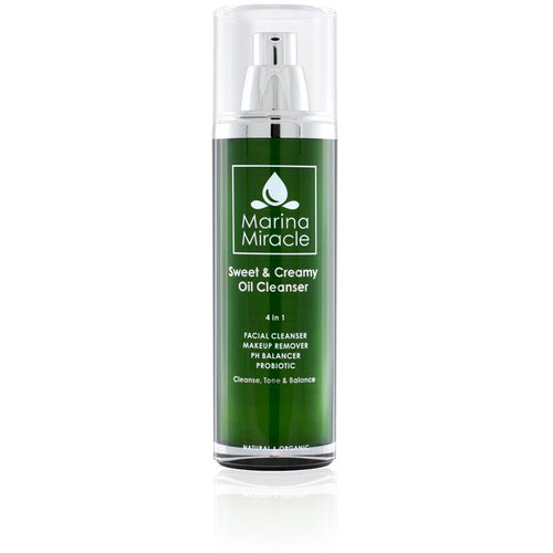 Marina Miracle Sweet & Creamy Oil Cleanser in a green air less bottle with pump