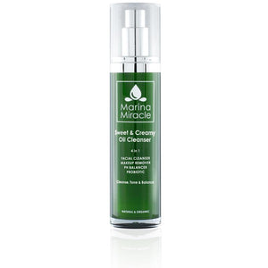 Marina Miracle Sweet & Creamy Oil Cleanser travel size in a green air less bottle with pump